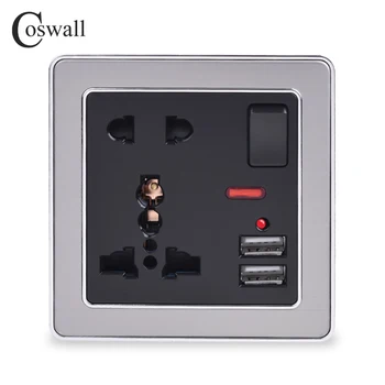 Coswall 13A Universal 5 Gaura Schimbat Priza de Perete Cu Neon 2.1 Un Dual USB Încărcător Port indicator LED Negru Cadru din Oțel Inoxidabil