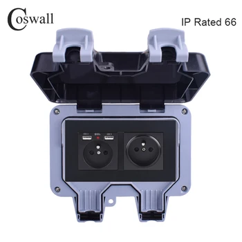 Coswall Intemperii IP66 rezistent la apă în aer liber Priză de Perete Dublu franceză poloneză Priza Standard Cu Dual USB Port de Încărcare 2.1 a