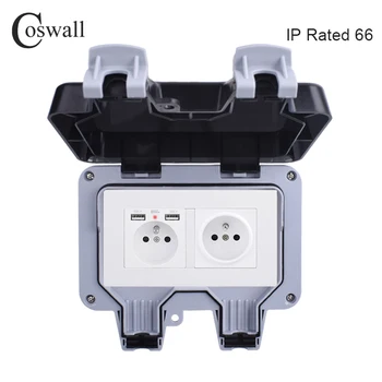 Coswall Intemperii IP66 rezistent la apă în aer liber Priză de Perete Dublu franceză poloneză Priza Standard Cu Dual USB Port de Încărcare 2.1 a