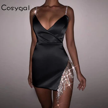 COSYGAL 2020 Spaghete Curea Low Cut Sexy Rochii de Vară de Noapte Femei Rochie de Petrecere Laterale Reflectorizante Diamante, Rochii de Club Vestidos