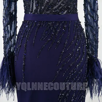 Couture 2020 Moda Marina Pană Complet Maneca Rochie De Seara Sirena Fantă Formale Pentru Femei Rochii De Concurs De A Se Vedea Prin