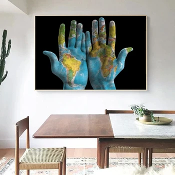 Creative Hartă a Lumii pe Mâini Pictura Panza Printuri si Postere Cuadros de Arta de Perete de Imagine pentru Camera de zi de Decorare Acasă Neînrămate