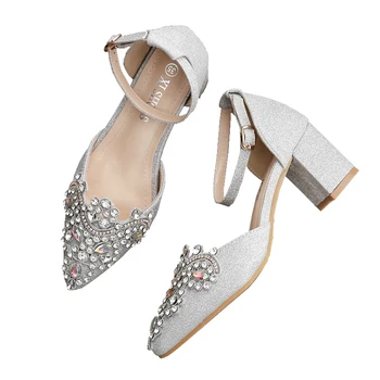 Cristal de argint Nunta de Cristal Pantofi Femei Catarama Curelei 2020 Rochie Nouă Pătrat Tocuri Indesata Toc Pantofi de Mireasa de Maternitate