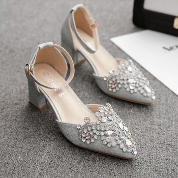 Cristal de argint Nunta de Cristal Pantofi Femei Catarama Curelei 2020 Rochie Nouă Pătrat Tocuri Indesata Toc Pantofi de Mireasa de Maternitate