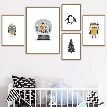 Cristal Minge Pom De Crăciun Pinguin Nordic Postere Si Printuri Pepinieră Wall Art Print Panza Pictura Pe Perete Poza Copilului Camera Pentru Copii