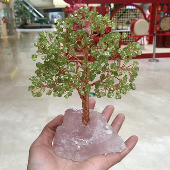 Cristal naturale verde peridot cuarț gemMoney Copac Feng Shui Avere Home Decor Figurine Miniaturale Partid Cadou Cristal copac Bani