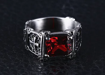 Cruce Ruby red & black, placat cu diamante, pietre pretioase, inele pentru bărbați punk gotice, bijuterii din oțel inoxidabil moda cool accesorii cadou
