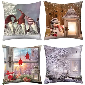 Crăciun Acoperă Pernă Set de 4 Lenjerie de pat din Bumbac Imprimare Acoperă Pernă față de Pernă Decorative pentru Canapea de Birou 45 x 45 cm