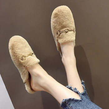 Cu blană Papuci de Femei Pantofi Rotund-Deget de la picior Scurt de Pluș Cataramă de Metal Negru Kaki Plat Blana Superficială Toate-meci de Femei la Modă Papuci
