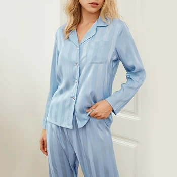 Cu dungi cu Maneca Lunga-Două Bucata Set pentru Femei Pijamale Confortabil Respirabil Guler de Turn-Down Homewear de sex Feminin Lungi-Pantaloni Casual Seturi
