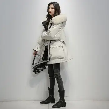 Cu Glugă neagră cu mâneci Lungi Guler de Blană Cald Iarna Chic Feminin Haina Stil coreean mult Timp la Modă în Vrac Elegant pentru Femei Sacou în Jos
