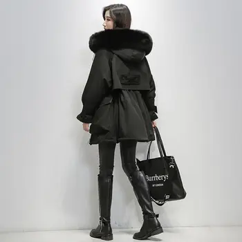 Cu Glugă neagră cu mâneci Lungi Guler de Blană Cald Iarna Chic Feminin Haina Stil coreean mult Timp la Modă în Vrac Elegant pentru Femei Sacou în Jos