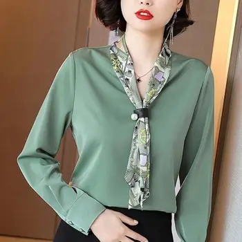 Cu mâneci lungi Guler Eșarfă Imprimate Tricou de Moda de sex Feminin Arc Cusaturi Stil Simplu Pierde Pulover Șifon Bluze Femei de Primăvară