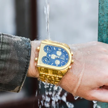 Cuarț Mens Ceasuri De Top De Brand De Lux Ceas De Aur 3 Time Zone Data Din Oțel Inoxidabil Curea Militare Supradimensionate Ceas De Mână