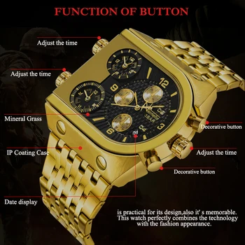 Cuarț Mens Ceasuri De Top De Brand De Lux Ceas De Aur 3 Time Zone Data Din Oțel Inoxidabil Curea Militare Supradimensionate Ceas De Mână