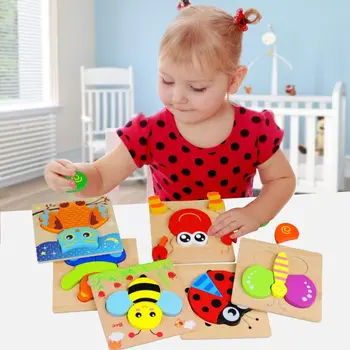 Culoare desen Animat 3D Animal Puzzle din Lemn Jucarii Pentru Copilul Cognitive Montessori Jucării Educaționale Timpurii din Lemn Jucarii Cadou Pentru Copii