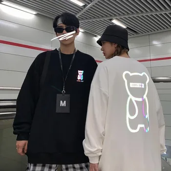 Cuplu Reflectorizante Hanorac Streetwear Bărbați Hip Hop Cuplu Tricou Negru Topuri Largi Casual De Primavara Toamna Japonia Desene Animate Hanorace