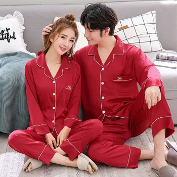 Cuplu Set de Pijama Confort Satin de Matase Bărbați Și Femei Sleepwear Set 2 buc Poliester Simplu Iubitorii de Stil de Guler de Turn-down Homewear