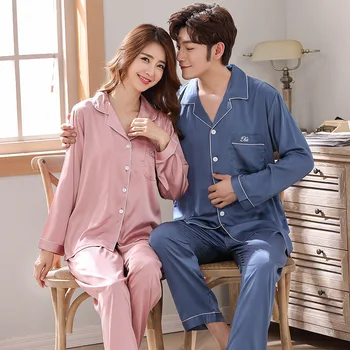 Cuplu Set de Pijama Confort Satin de Matase Bărbați Și Femei Sleepwear Set 2 buc Poliester Simplu Iubitorii de Stil de Guler de Turn-down Homewear