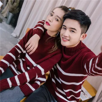 Cupluri de toamnă și de iarnă guler înalt pulover cu dungi loose coreean bf băieți și fete, elevi capul pulover cuplu pulover maree