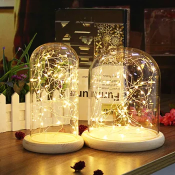 Cupolă de sticlă Bell Jar Cloche de Afișare de Bază de Lemn de 20 de LED-uri Zână Șir Lumina Home Decor Dormitor Birou Lumina de Noapte pentru Cadou de Crăciun