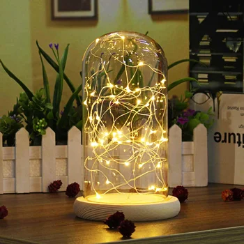 Cupolă de sticlă Bell Jar Cloche de Afișare de Bază de Lemn de 20 de LED-uri Zână Șir Lumina Home Decor Dormitor Birou Lumina de Noapte pentru Cadou de Crăciun