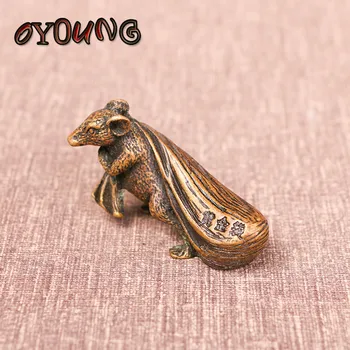 Cupru Mare Mouse-Ul Miniaturi, Figurine Feng Shui Chinez Ornament Decor De Birou De Ambarcațiuni Retro Animal Rat Trage Punga Cu Bani Statuie