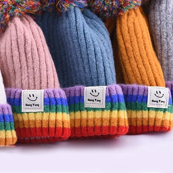 Curcubeu De Culoare Pălării Pentru Copii Cu Pom Poms Tricotate Din Lână Turban Căciulă Caldă Capace Pălărie Moale Pentru Childern Fete Baieti Capota Toamna Iarna