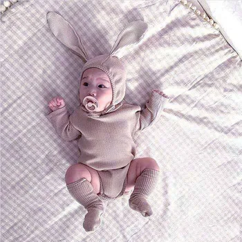 Cute Tripleți Copil Nou-Născut Fete Haine Set Salopeta Bumbac+ Rabbit Ureche Pălărie+ Șosete De Toamna Pentru Copii Set Haine Copii Knit Cardigan
