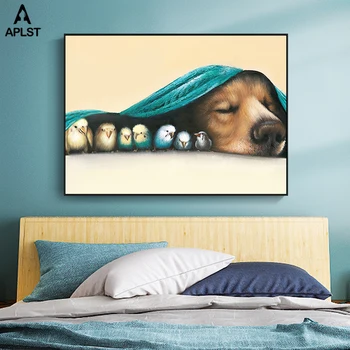 Câine Care Doarme Păsări Copii Panza Poster Pepinieră Arta De Perete Prietenii Animal Print Tablou De Familie Caldă Imagine Copil Copil Decor Dormitor