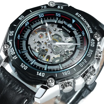 CÂȘTIGĂTORUL Brand de Lux Negru Rece Automat Mechanical Ceas Bărbați Schelet de Apelare Mare de Moda Casual, Curea din Piele Încheietura Ceasuri reloj