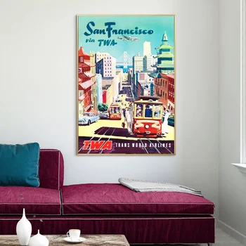 Călătorie de epocă Nostalgie San Francisco prin TWA Poster de Arta Canvas Poster Living Home Decor de Perete (Fara Rama)