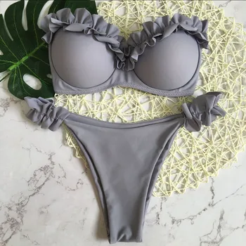 Căptușit Împinge În Sus Bikini Set Underwire Flori Volane Costume De Baie Pentru Femei Sexy Solid Bandeau Feminin Costum De Baie 2018 Vara Biquini