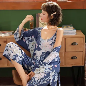 Daeyard 3 Piese Primavara-Vara pentru Femei din Bumbac Pijama Seturi Florale Imprimate Pijamale Vascoza Top si Pantaloni sex Feminin Costum de Noapte, Homewear