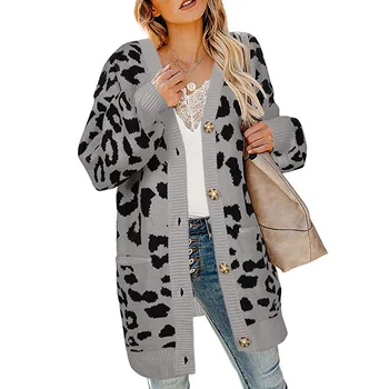DANJEANER V Gâtului Singur Pieptul Leopard Cardigan Lung Paltoane Femei Gros Casual, Pulovere Tricotate, cu Buzunare Pulover Supradimensionat