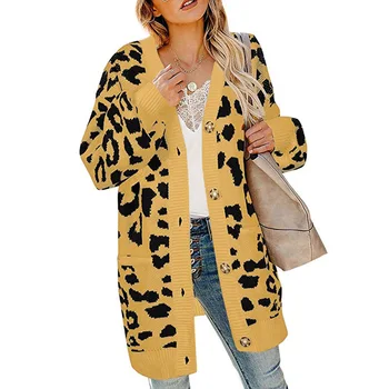 DANJEANER V Gâtului Singur Pieptul Leopard Cardigan Lung Paltoane Femei Gros Casual, Pulovere Tricotate, cu Buzunare Pulover Supradimensionat