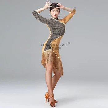 Dans Latino Exercițiu Imbracaminte Femei Adulte Spectacol De Dans Concurență Rochie Pearl Ciucure Sexy Slim Costume Jumătate Mâneci Rochie
