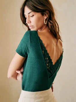 Dantela Mozaic Spatele Gol, De Culoare Verde Închis Bluze Femei Cu Maneci Scurte Chic Double V-Neck Cămașă De Vară 2020 Casual Vintage Elegante, Topuri