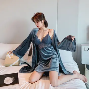Dantela Sexy Perspectivă Cămașă de noapte de Toamnă Nou Catifea Femei 2 BUC cămășuță de Noapte&robe Set de Pijamale Casual Moale Kimono-Halat de Baie Homewear