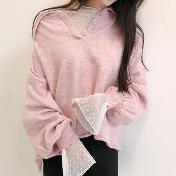 Dantela Stand Guler Plisată Șifon Cămașă De Sex Feminin 2020 Toamna Noua Moda Proaspete Flare Sleeve Mesh Bluza Dantela Harajuku Femei Top
