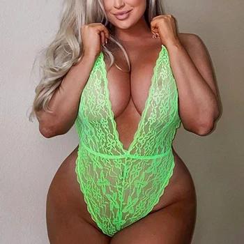 Dantela verde de Dimensiuni Mari Body pentru Femei Sexy V-gât Adânc fără Mâneci Costum Femei Plus Dimensiune Vedea prin Topuri, Salopete XL-5XL