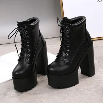 Dantelă Sus Platforma-cizme Albe Cizme de 14 cm Glezna Cizme cu Toc pentru Femei Pantofi Negri Femeie Cizme Pantofi din Piele de Înaltă Calitate Doamnelor Bootie
