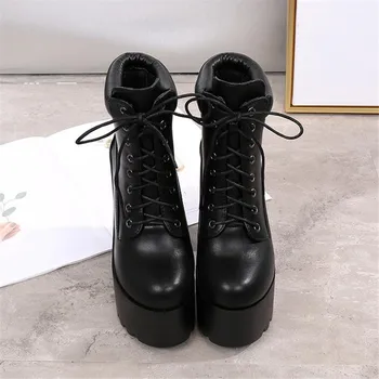 Dantelă Sus Platforma-cizme Albe Cizme de 14 cm Glezna Cizme cu Toc pentru Femei Pantofi Negri Femeie Cizme Pantofi din Piele de Înaltă Calitate Doamnelor Bootie