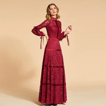 Dar să revenim la rugina rochie de seară roșie pe gât o linie elegant mâneci 3/4 lungime până la podea petrecere de nunta formale rochie de dantelă rochii de seara