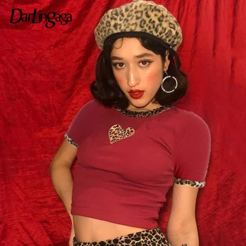 Darlingaga de Moda roșu cu dungi femeie t-shirt de imprimare leopard mozaic inima tricou femei topuri de cultură subțire de vara tricou femme