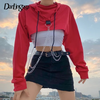 Darlingaga Streetwear Punk Trunchiate Hoodies Femei Topuri De Moda Lanț Pulover Solid Hip Hop Toamna Iarna Jachete Cu Glugă 2021