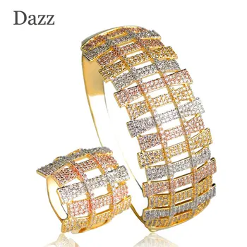Dazz Design Special, Plin De Strasuri Trei Tonuri De Cupru Seturi De Bijuterii Femei Fete Nunta Bijoux Largă Brățară Inel Set Accesorii