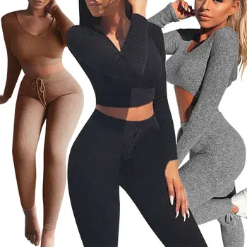 De Brand Nou Femei Yoga Set Sexy Două Piese Monofazate Cu Maneci Lungi Pantaloni Lungi Skinny Sală De Fitness, V Gâtului Talie Mare De Toamnă De Primăvară Fierbinte În 2019