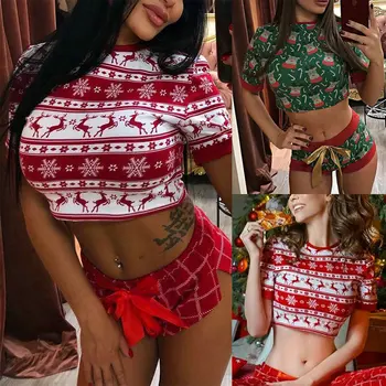 De Crăciun, Pijama, Pijamale Femei Doamnelor Moda Drăguț Cerb Tipărite Haine De Acasă Set Sexy De Cultură Maneca Scurta Top Decor Arcul Pantaloni Scurți