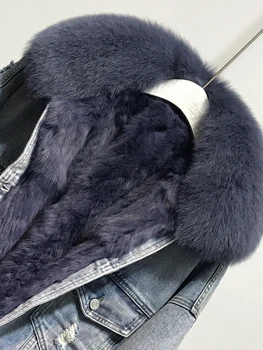 De iarnă pentru Femei Calde, Naturale Reale haină de Blană de Vulpe + Real Păr de Iepure Linie de Denim Sacou Feminin Pene Broderie Blana Uza F2465